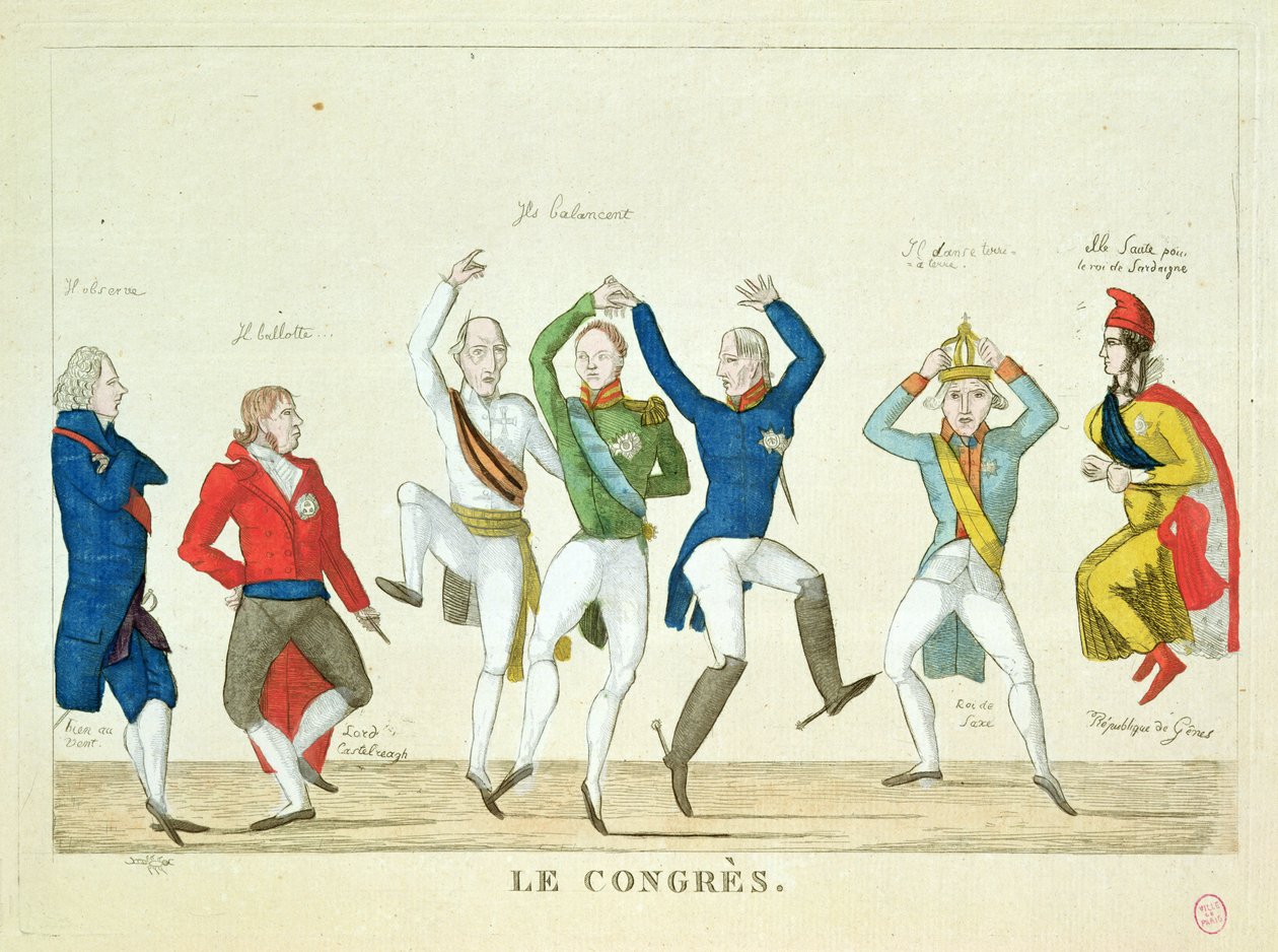 Desenhos animados satíricos representando os principais protagonistas de uma dança no Congresso de Viena em 1815 de French School