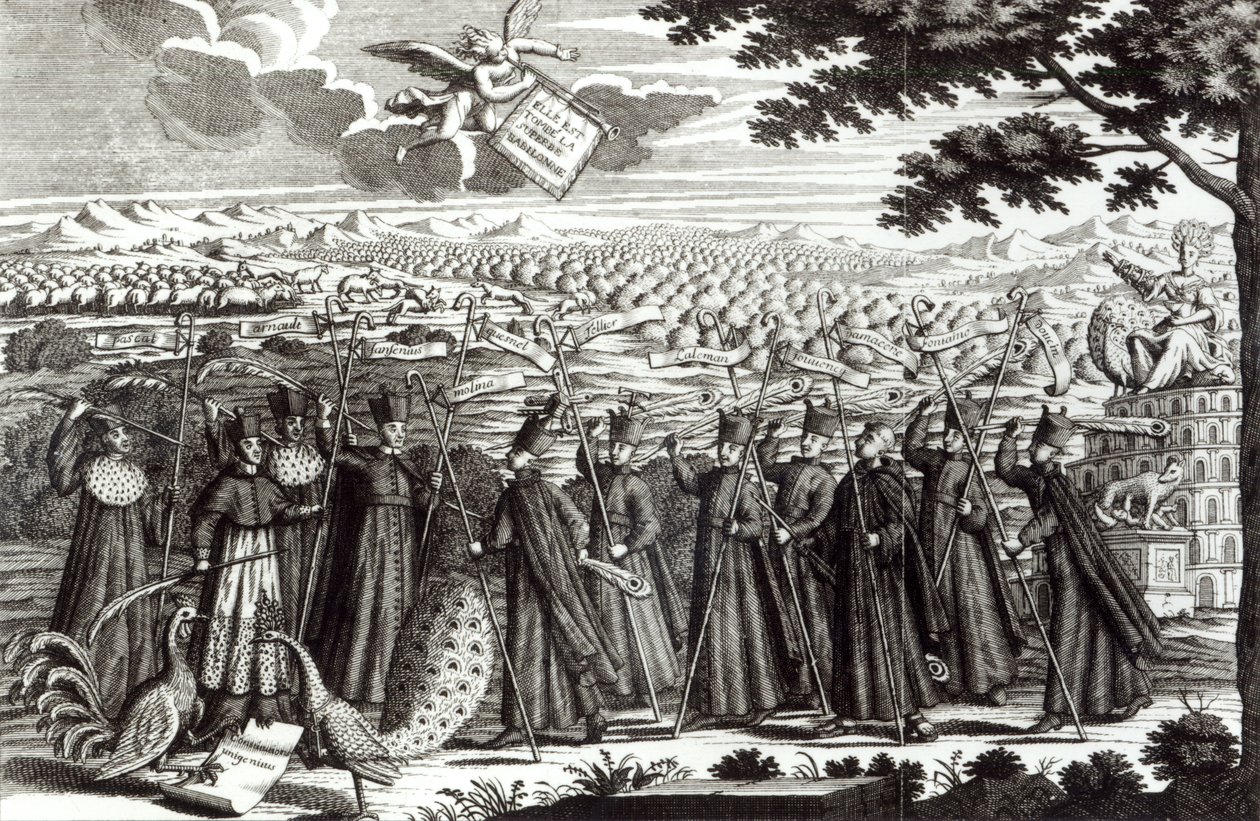 Gravura satírica representando o touro "Unigenitus Dei Filius" e a luta entre os jansenistas e os jesuítas, 1714 de French School