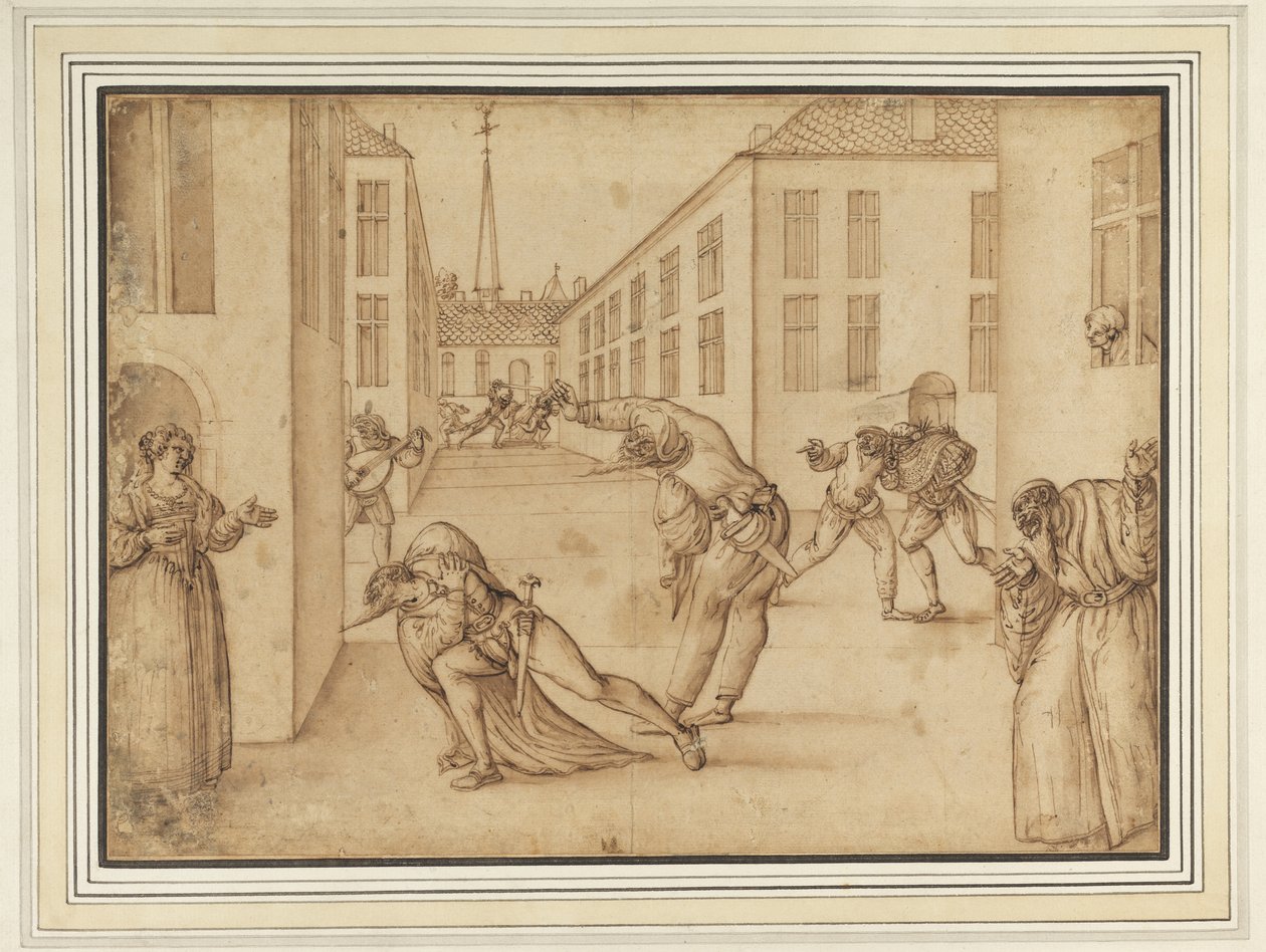 Cena da Commedia dellArte, c.1575-1600 (bistre & wash on paper) de French School