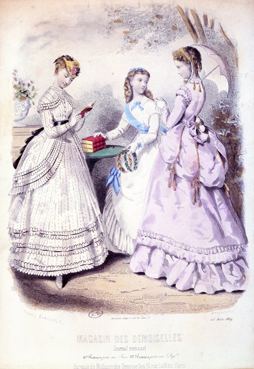 Meninas da escola após a cerimônia de entrega de prêmios, placa de moda que anuncia a Magasin des Demoiselles, 1869 de French School