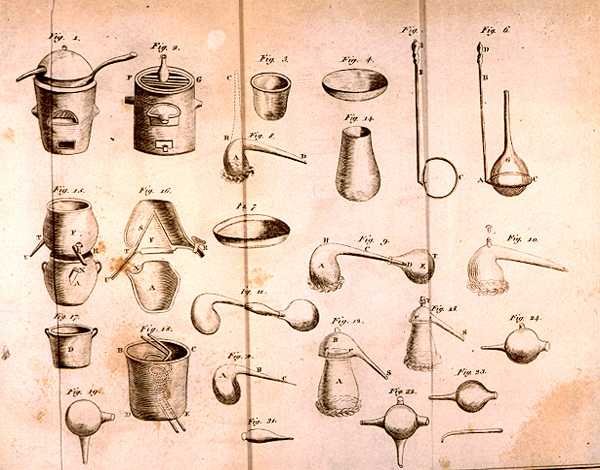 Equipamento científico, de Os Elementos da Química, de Antoine Laurent de Lavoisier (1743-94), gravado por D.Lizars, 1796 de French School