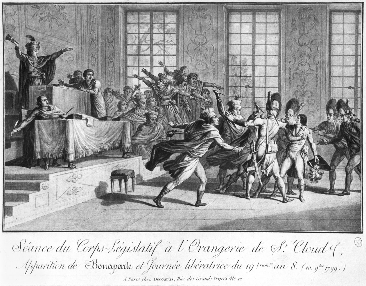 Sessão do corpo legislativo na Orangery St.Cloud, chegada de Bonaparte (1769-1821) Protegido por dois granadeiros, 19 brumaire um 8 (10 de novembro de 1799), c.1800 de French School