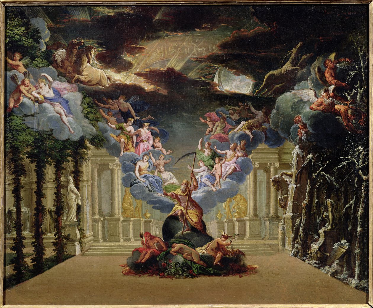Cenário para &39;Atys&39; de Jean-Baptiste Lully (1632-87) de French School