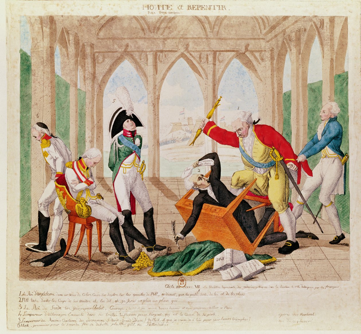 "Vergonha e arrependimento, uma peça trágica-cômica", caricatura sobre a capitulação de Ulm em 20 de outubro de 1805 de French School