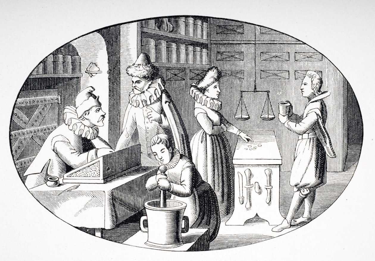 Loja de um merceeiro e farmacêutico no século 17, de &39;Le Moyen idade et La Renaissance&39; por Paul Lacroix (1806-84) publicado em 1847 de French School
