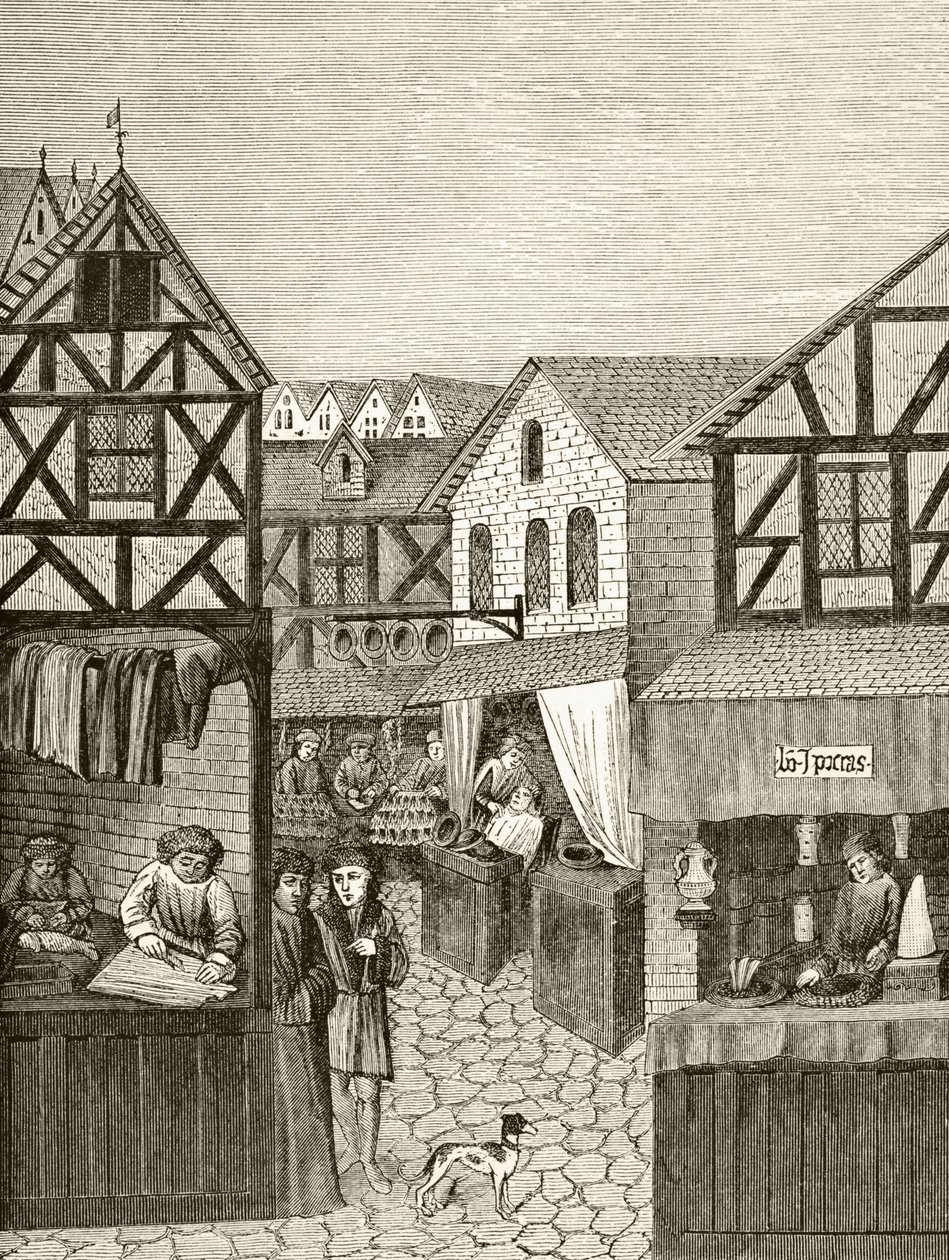 Lojas na rua de um farmacêutico, de &39;Ciência e literatura na idade média&39; por Paul Lacroix (1806-84) publicaram Londres 1878 de French School