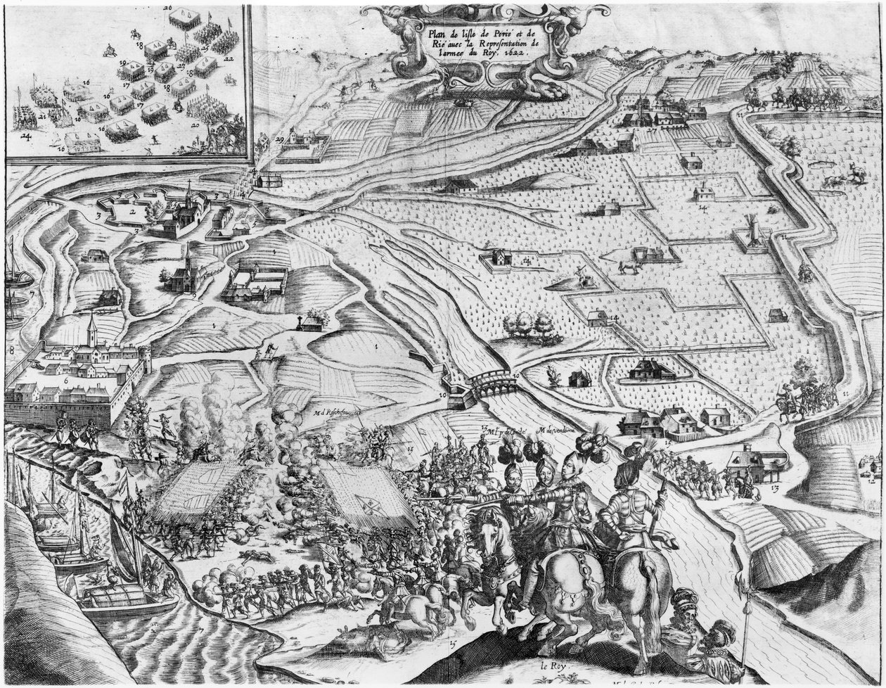 Cerco de Ile de Re com a representação do exército real, 1622 de French School