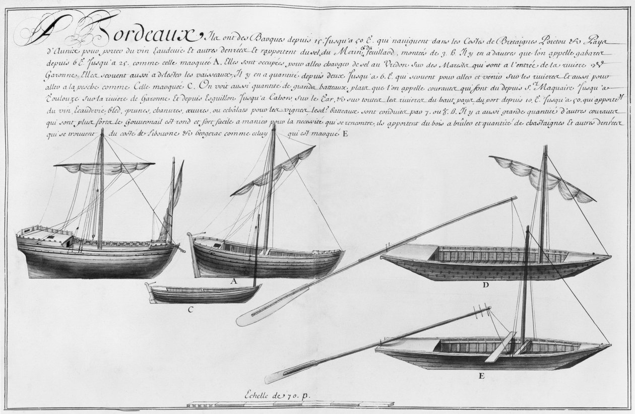Pequenas embarcações, Bordeaux, ilustração de &39;Designs das diferentes formas de embarcações ... de Nantes a Bayonne&39;, 1679 (lápis e wc no papel) de French School