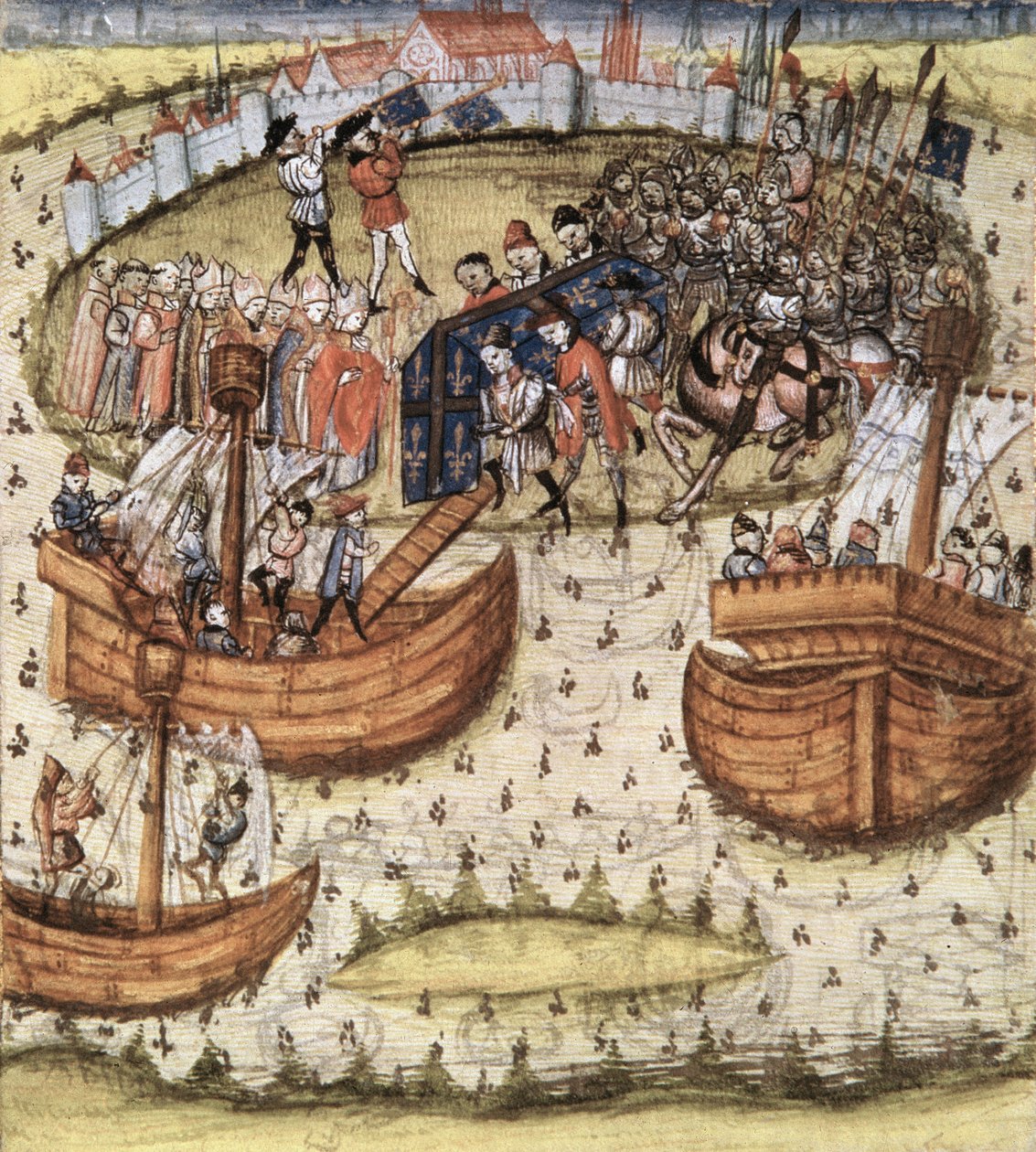 Snark M119: Os cruzados carregando o caixão de St. Louis a bordo em Tunis em 1270, das Grandes Chroniques de France, 1450 de French School