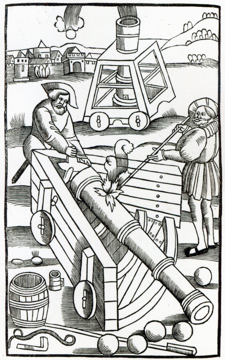 Soldados disparando um canhão, ilustração para &39;De Re Militari&39; por Flavius Renatus (fl.390), impressa por Christian Wechel, Paris, 1532 de French School
