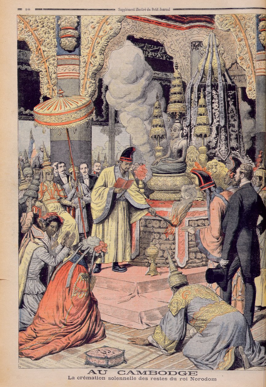 Cremação solene do Rei Norodom I (1835-1904) Rei do Camboja, ilustração de &39;Le Petit Journal&39; 1906 de French School