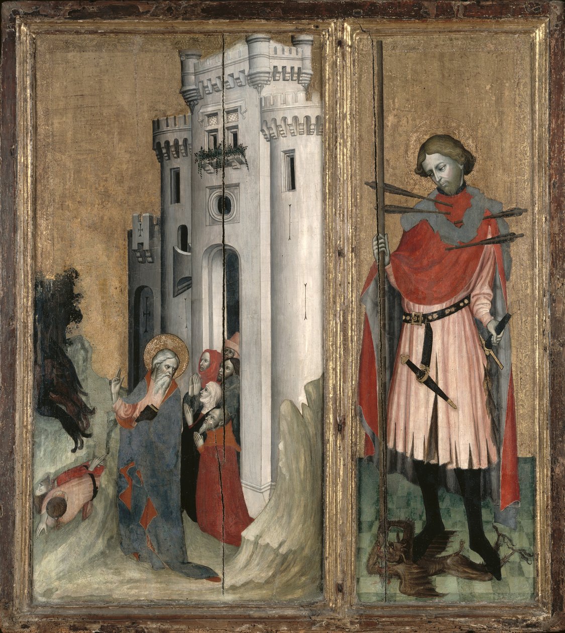 St. Andrew Perseguindo Demônios da Cidade de Nicéia e São Sebastião, painel da direita do retábulo de Thouzon, Escola da Provença (têmpera no painel) de French School