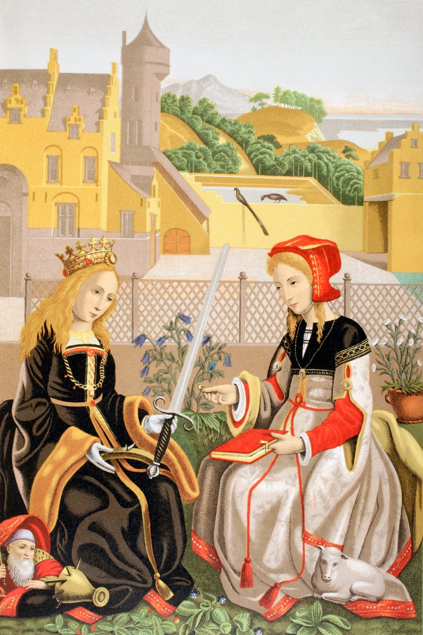 Santa Catarina de Alexandria e Santa Inês de Roma, depois de uma obra atribuída a Marguerite van Eyck, de Les Arts au Moyen Age, publicada em 1873 de French School