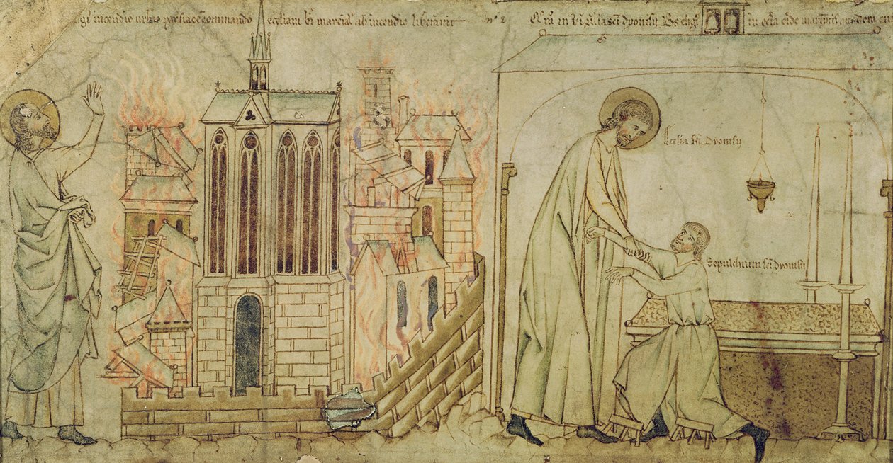 São Eligius salvando a Igreja de São Martial do fogo e curando um homem aleijado na Igreja de St. Denis, de &39;La Vie de Saint Eloi&39;, c.1250 de French School