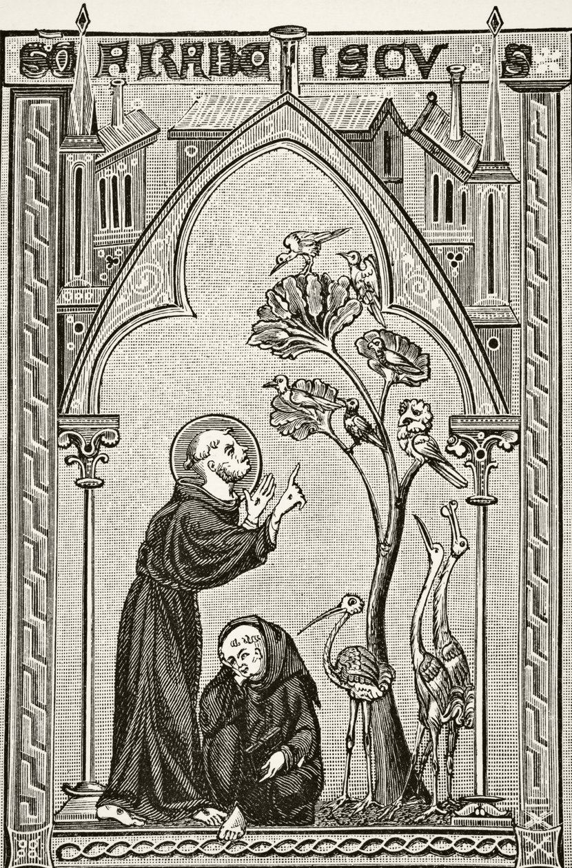 São Francisco de Assis conversando com os pássaros, de &39;Ciência e literatura na idade média&39; por Paul Lacroix (1806-84) publicou Londres 1878 de French School