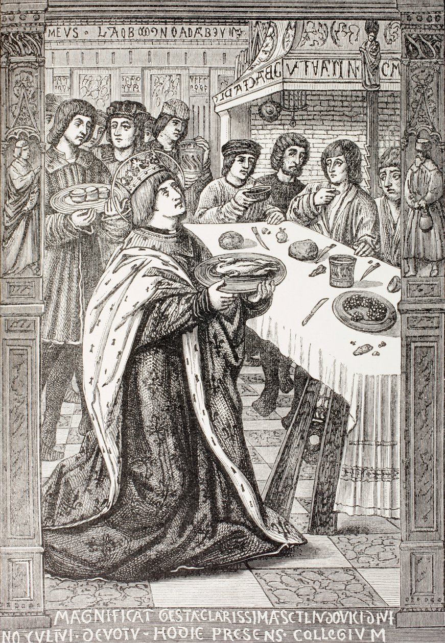 São Luís, servindo uma refeição aos pobres, de "A vida militar e religiosa na Idade Média", de Paul Lacroix, publicado em Londres, c.1880 de French School