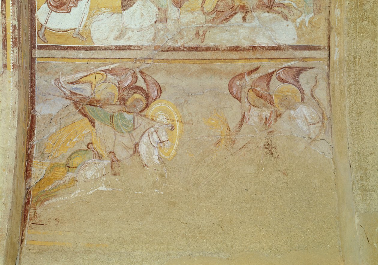 São Miguel e os anjos lutando contra o dragão, detalhe do Apocalipse do narthex, c.1100 (afresco) de French School