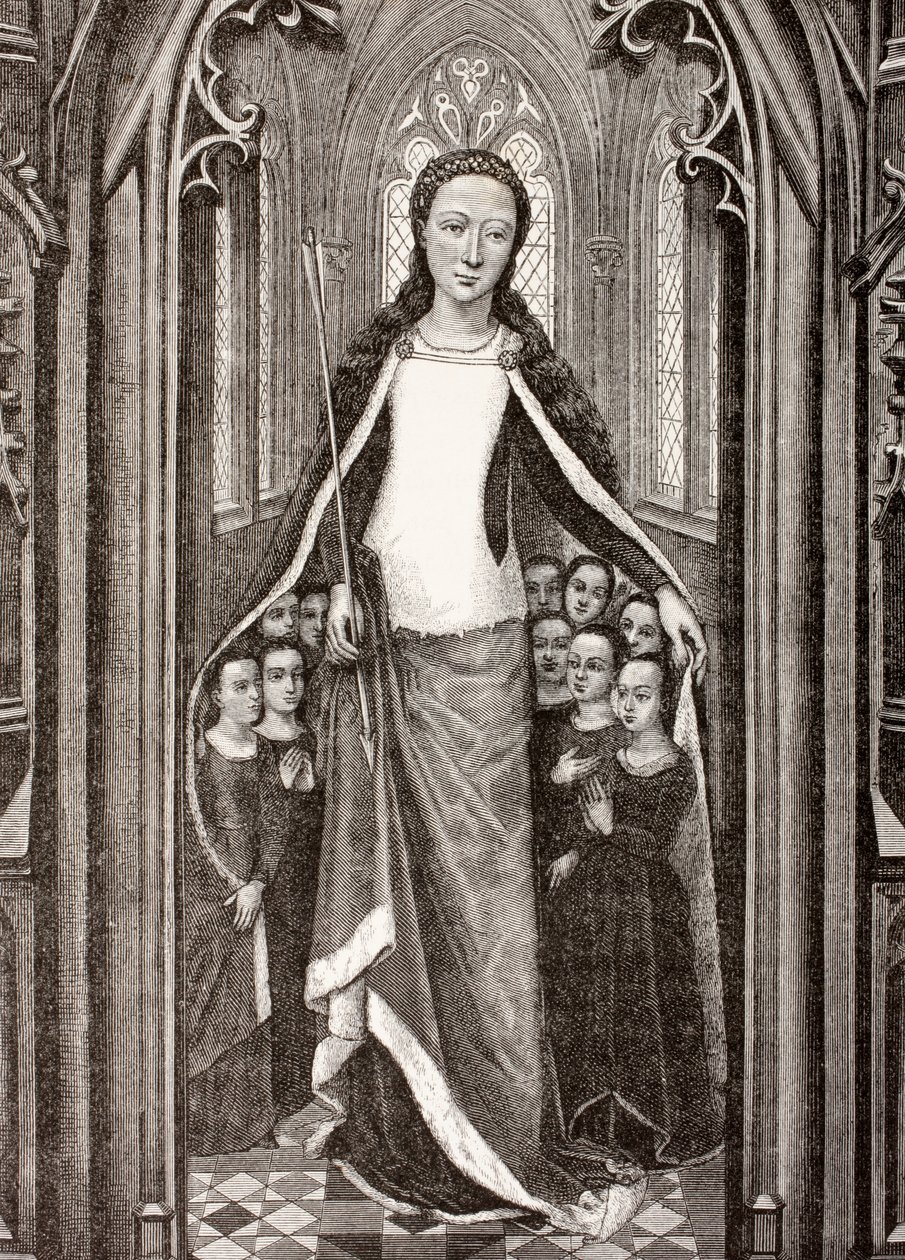 Santa Úrsula segurando uma flecha, o símbolo de seu martírio e protegendo virgens sob seu manto, de &39;Les Arts au Moyen Age&39;, publicada em 1873 de French School