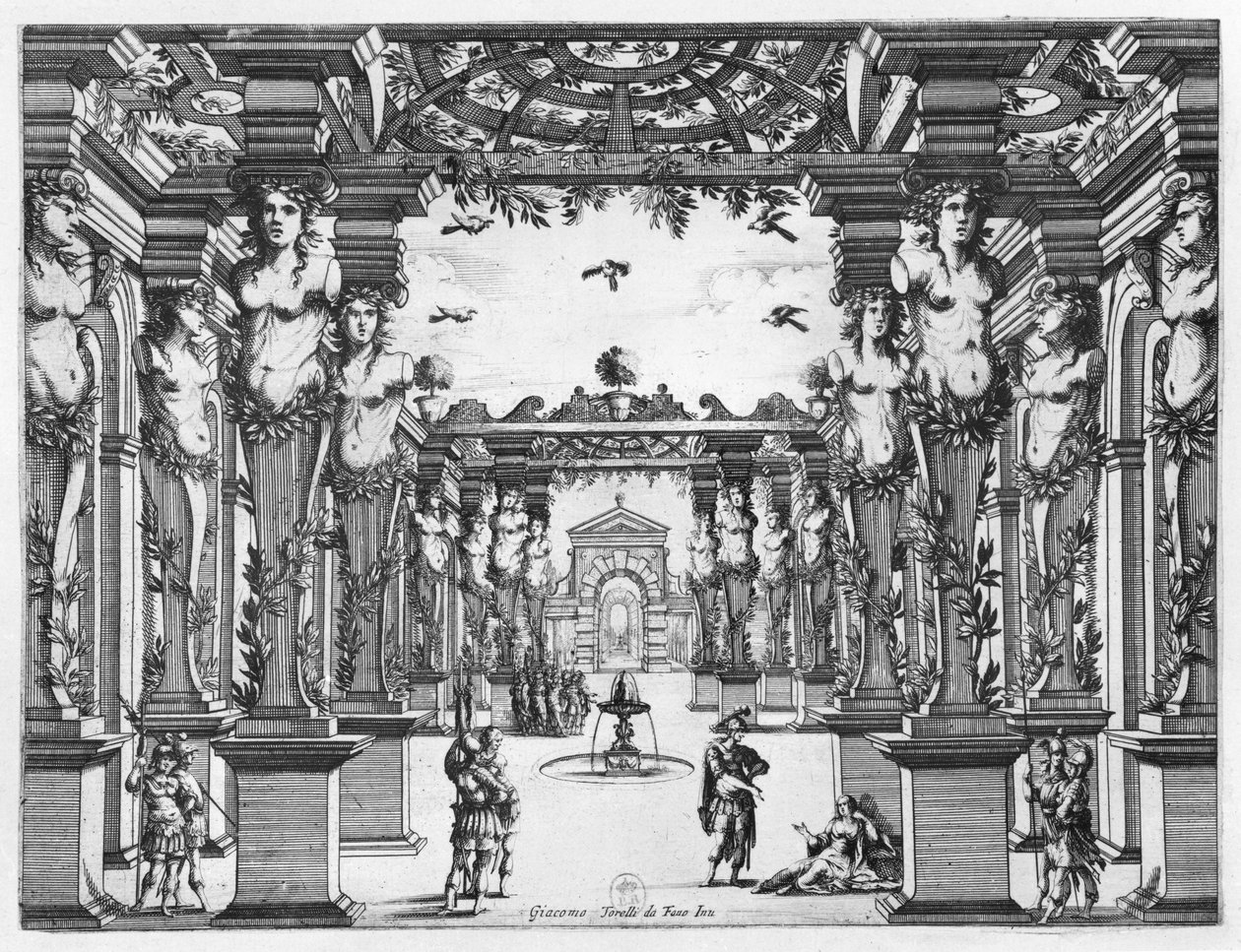 Palco de Giacomo Torelli (1608-78) para &39;Mirame&39; realizado em 1641 no Theatre Petit Bourbon em Paris de French School