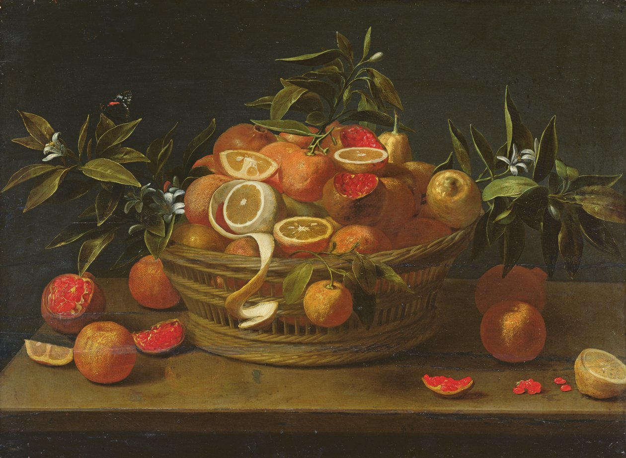 Ainda vida com limão, laranja e romã (óleo sobre madeira) de French School