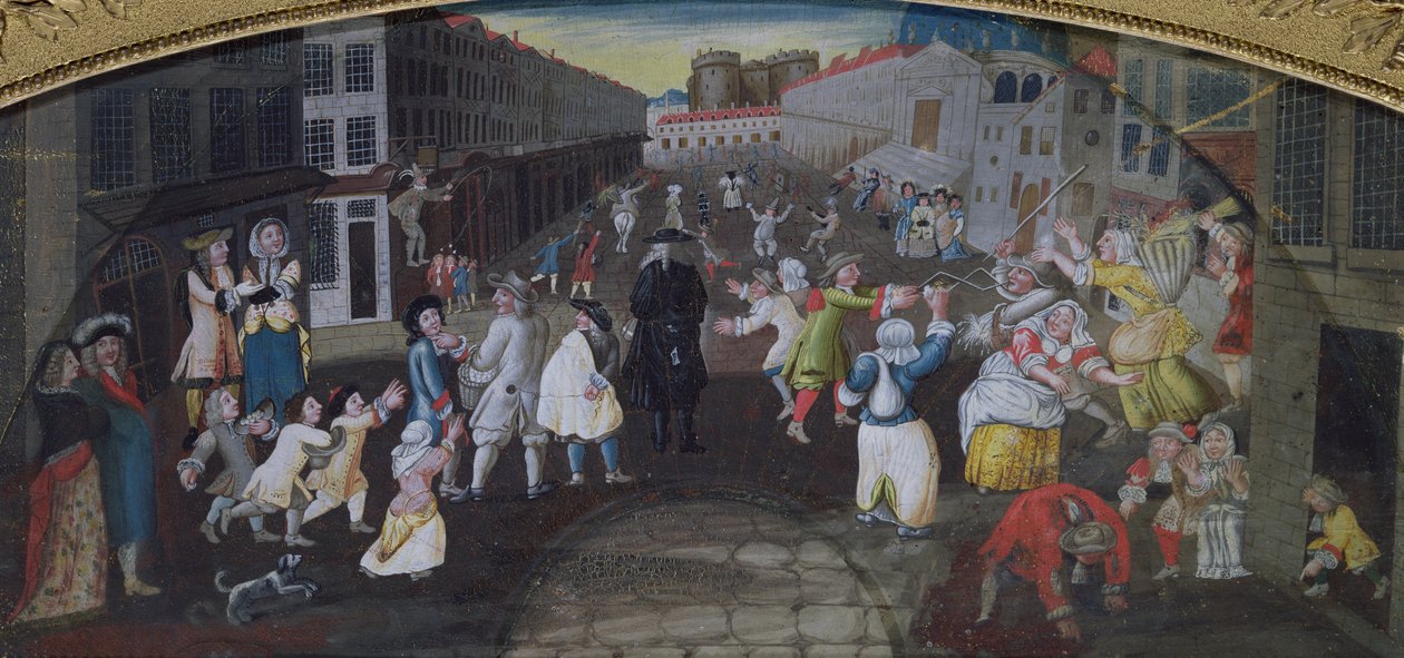 Artistas de rua no Carnaval Populaire, Rue Saint Antoine, c.1670 de French School