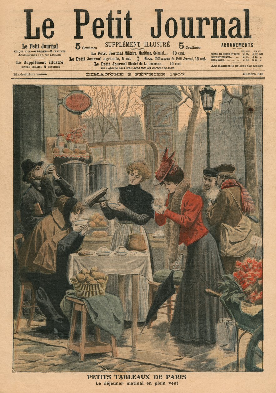 Cenas de rua de Paris, café da manhã ao ar livre, ilustração de &39;Le Petit Journal&39;, suplemento ilustre, 3 de fevereiro de 1907 de French School