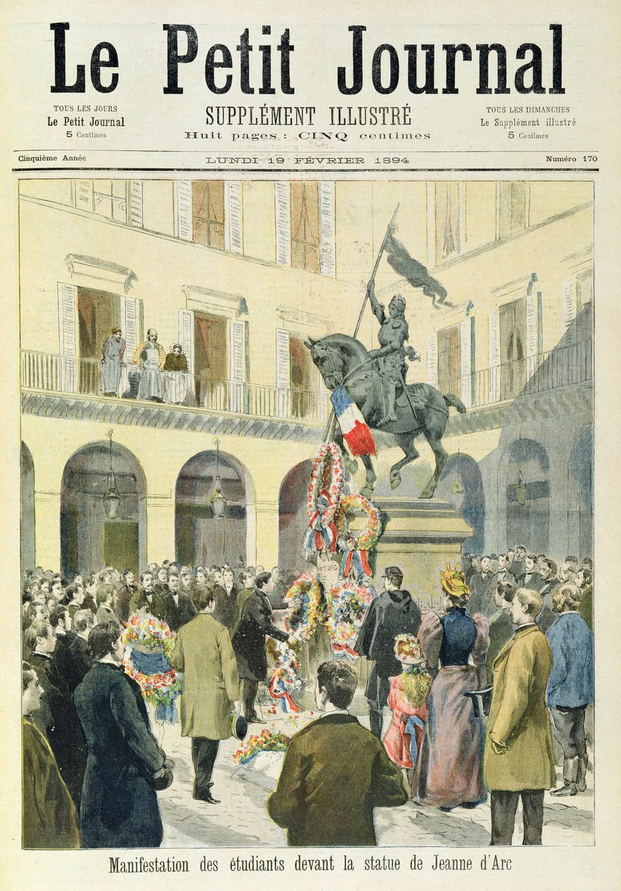 Os estudantes se reúnem na estátua de Joana d&39;Arc, na primeira página do suplemento ilustrado do &39;Le Petit Journal&39;, 19 de fevereiro de 1894 de French School