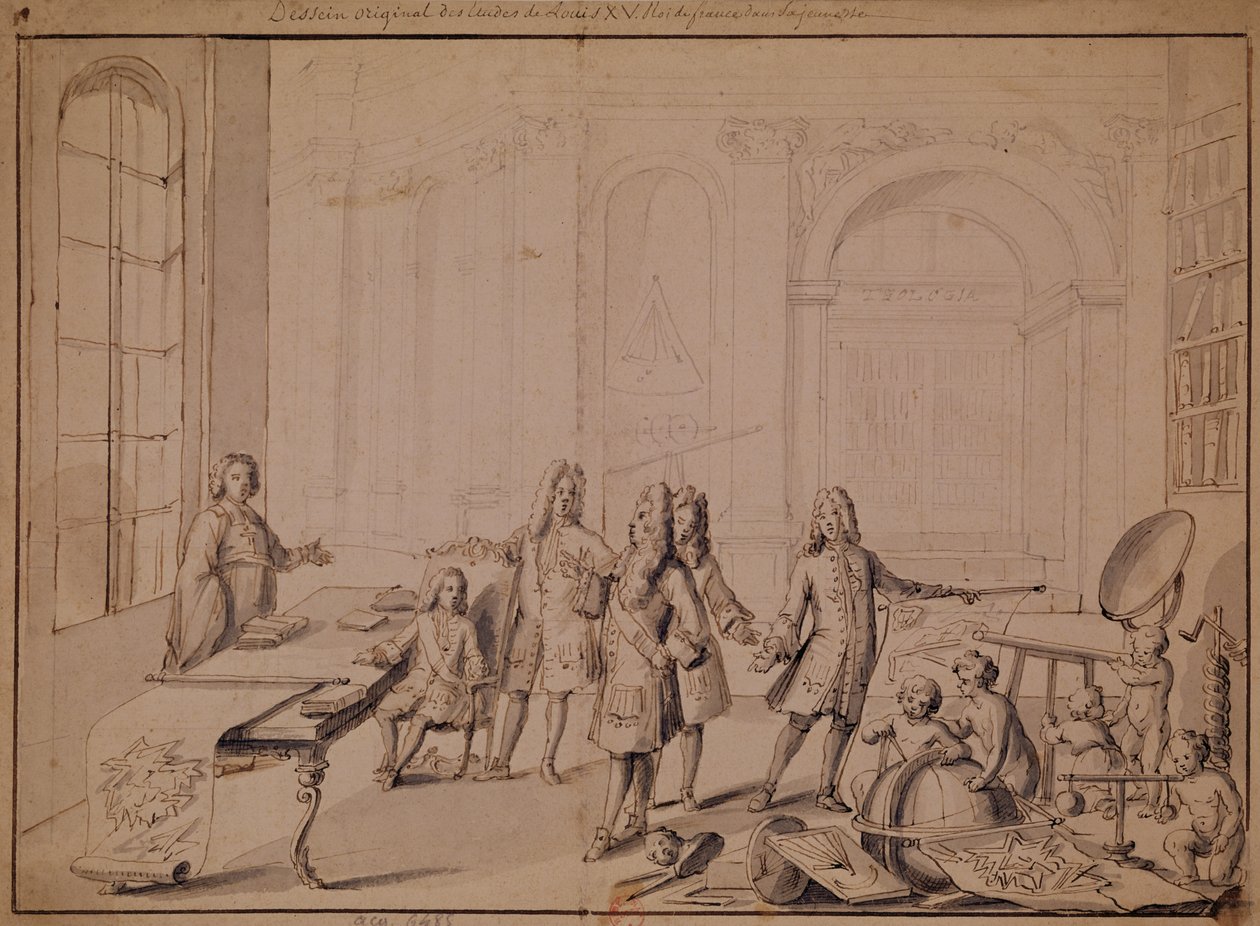 Estudo para uma lição sendo dada ao jovem Luís XV (1710-74) (caneta e tinta no papel) (ver também 162667) de French School