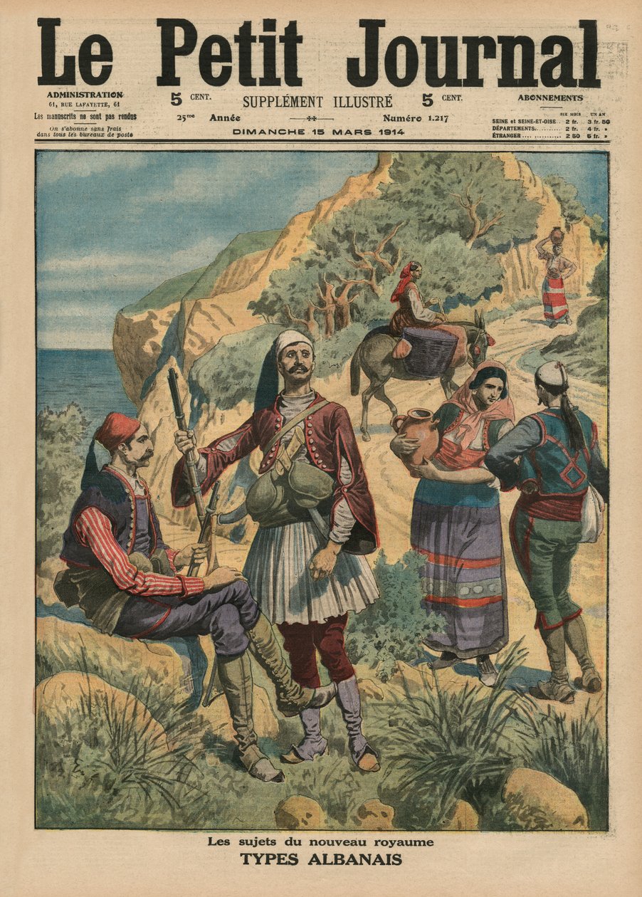 Sujeitos do novo reino, tipos albaneses, ilustração da capa do &39;Le Petit Journal&39;, suplemento ilustrado, 15 de março de 1914 de French School