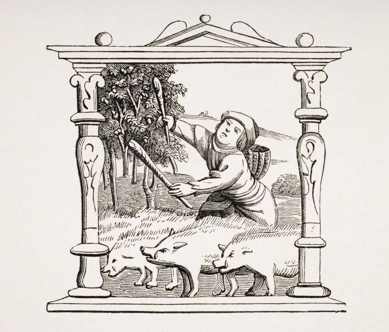 Swineherd com seu rebanho de porcos, reprodução após um calendário em um livro de horas, de &39;Le Moyen Age et La Renaissance&39; por Paul Lacroix (1806-84) publicado em 1847 de French School