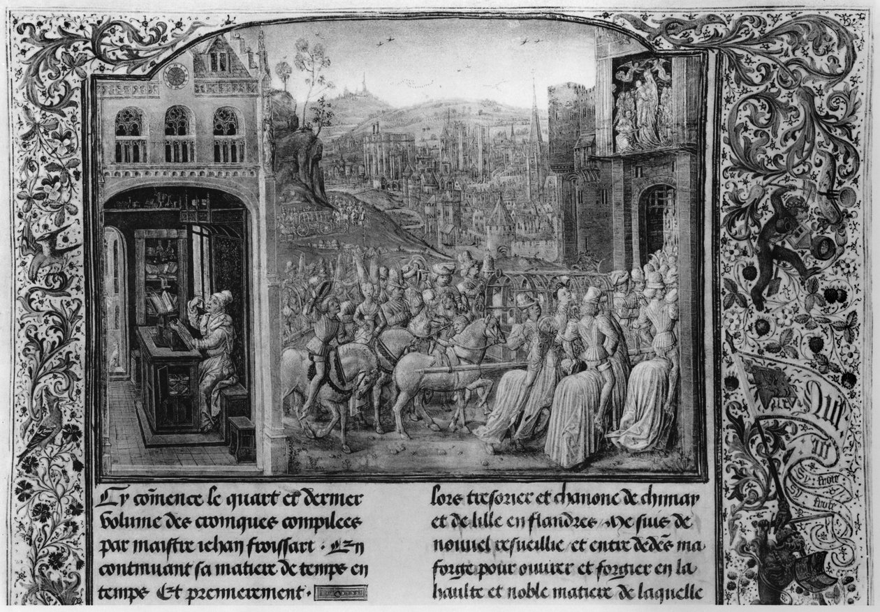 T.4 fol.1 L: Froissart escrevendo sua crônica, R: Isabella da Baviera (1371-1435) entrando em Paris em 1389, de Froissart&39;s Chronicle, 1472 de French School