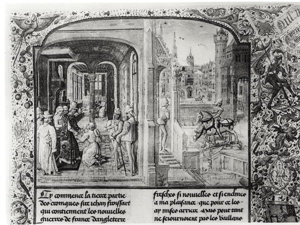 T.III fol.1 Froissart recebeu em Orthez pelo Conde Gaston de Foix, a quem ele dá a carta de Guy de Blois, de Froissarts Chronicle de French School