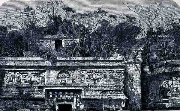 Edifício do Templo ao Leste do Convento de Chichen Itza, das Antigas Cidades do Novo Mundo, de Claude-Joseph-Desire Charnay, pub. 1887 de French School