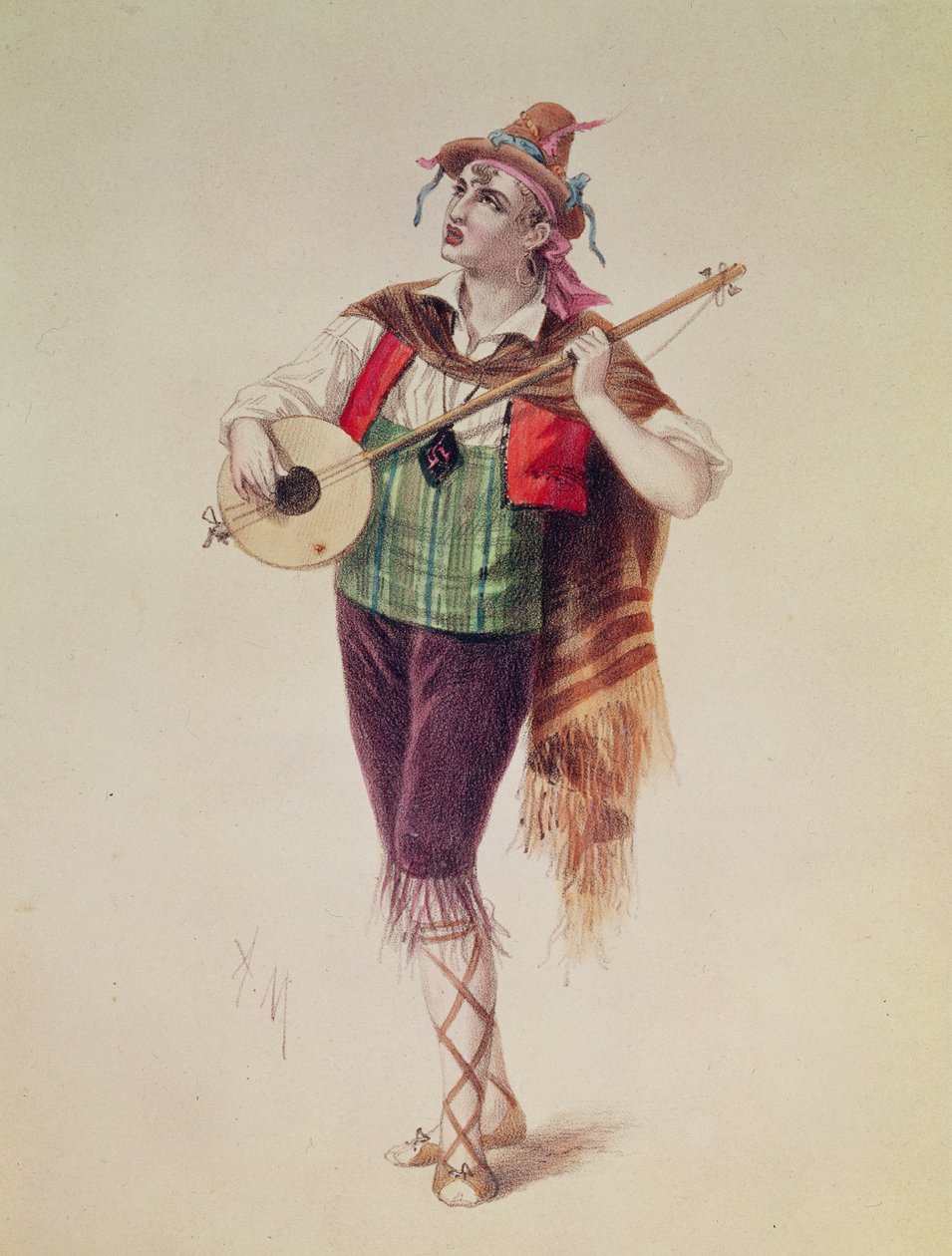 O ator Dupuis como Piquillo na opereta de Offenbach &39;La Perichole&39;, ilustração de &39;trajes des teatros de Paris&39;, 1868 de French School