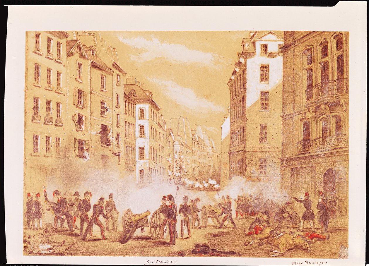 O exército atacando uma barricada na Rue St. Antoine de French School