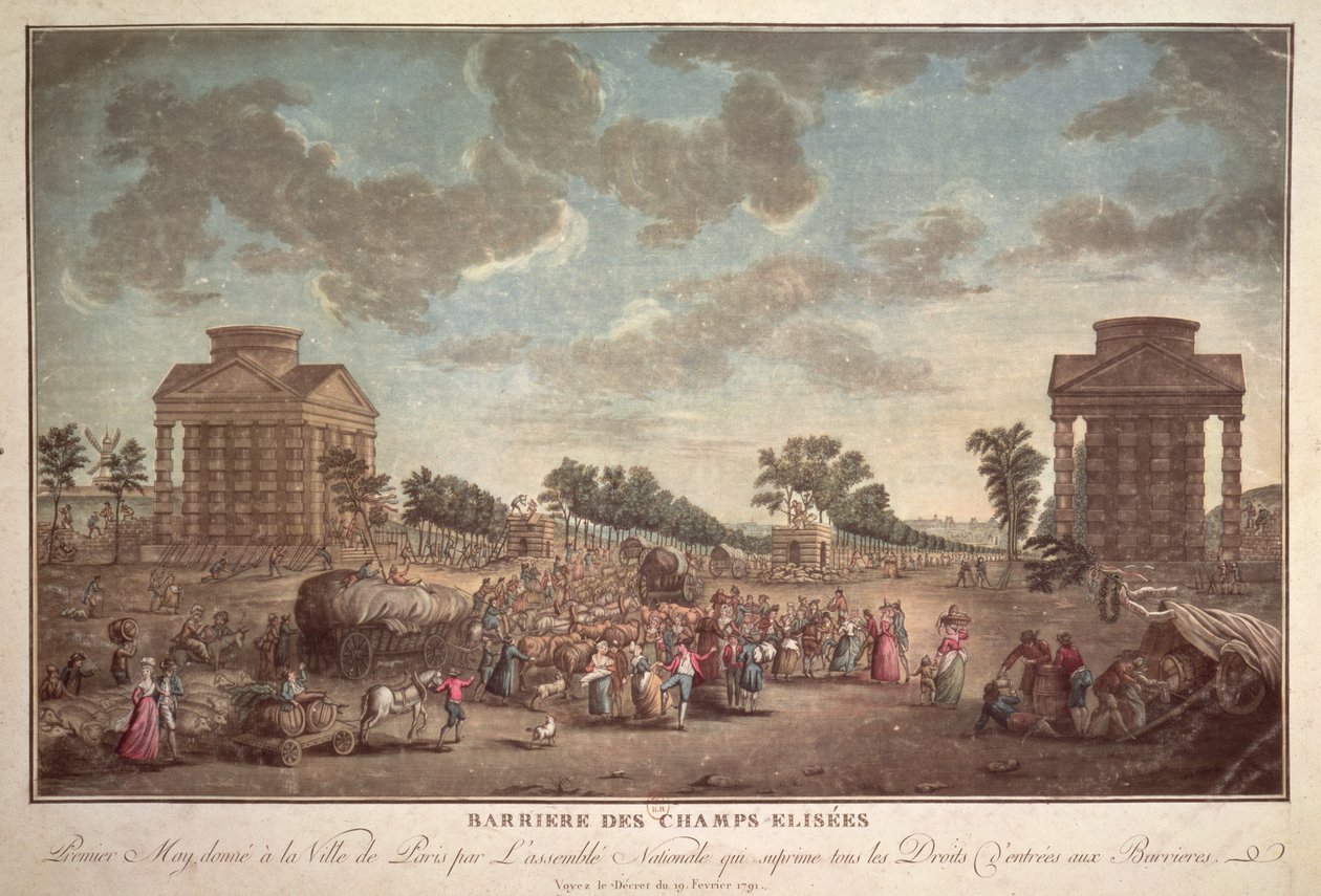 A barreira na Champs Elysees. A supressão do direito de entrada em Paris em 1790 de French School