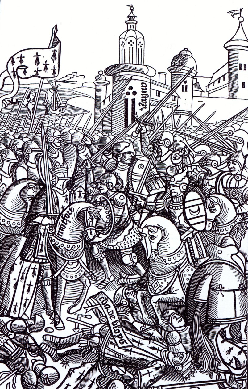 A Batalha de Auray, de &39;Crônicas da Bretanha&39;, de Alain Bouchard, publicada em 1514 de French School