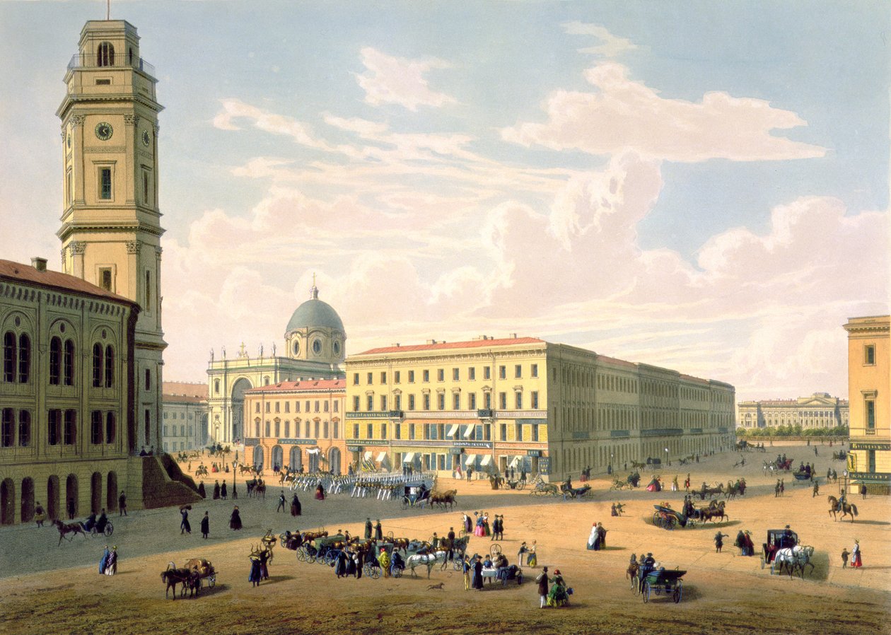 A Igreja Católica e a Rua Mikhailovskaya em São Petersburgo, impressa por J. Jacottet e Regamey, publicada por Lemercier, Paris, 1850 de French School