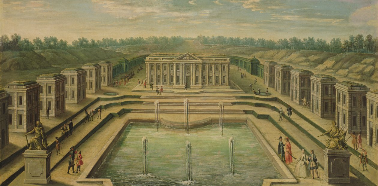 O Chateau e Pavilhões em Marly a partir da perspectiva dos jardins, início do século XVIII de French School