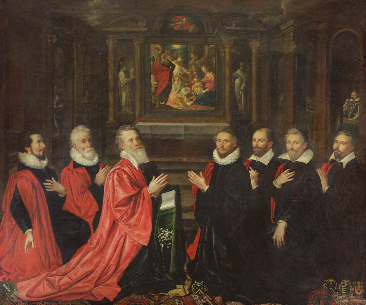 O Corpo de Ville rezando diante de um retábulo da Natividade, 1614 de French School