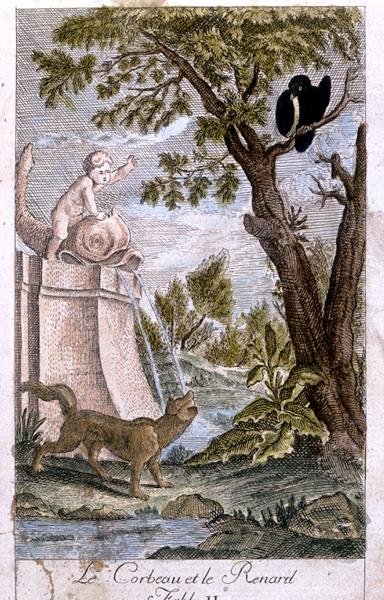 O Corvo e a Raposa, ilustração após a fábula de Jean de la Fontaine (1621-95) 1776 de French School