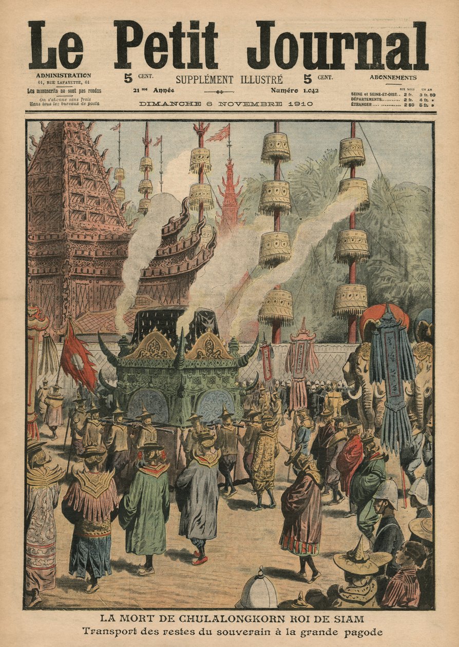 A Morte de Chulalongkorn, Rei do Sião, ilustração de &39;Le Petit Journal&39;, 6 de novembro de 1910 de French School