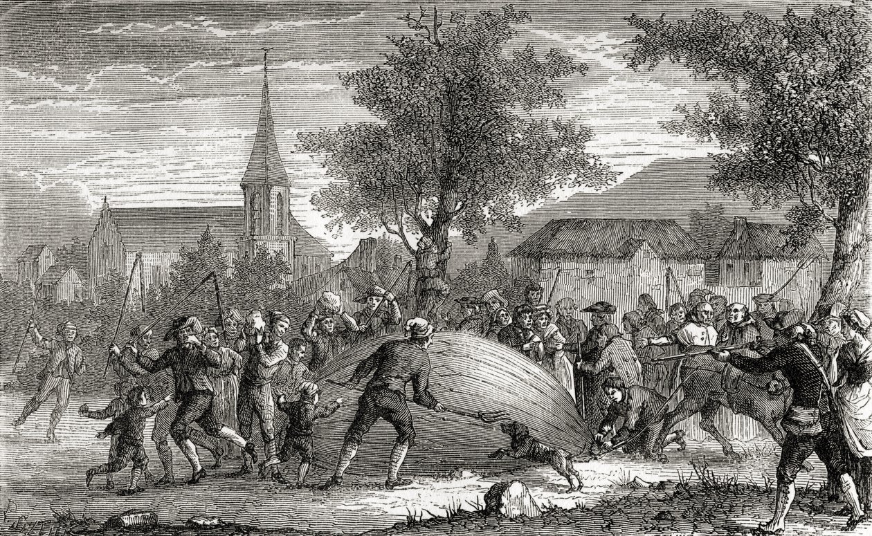 A destruição do balão de Charles, Paris, 27 de agosto de 1783, de "Wonderful Balloon Ascents ou the Conquest of the Skies", de Fulgence Marion, publicado em c.1870 de French School