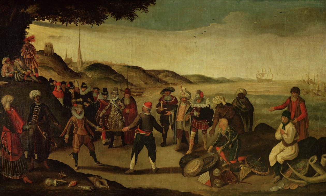 A disputa pelo bastão de ouro ou A disputa entre espanhóis e holandeses pelo comércio nas Índias, 1609 de French School