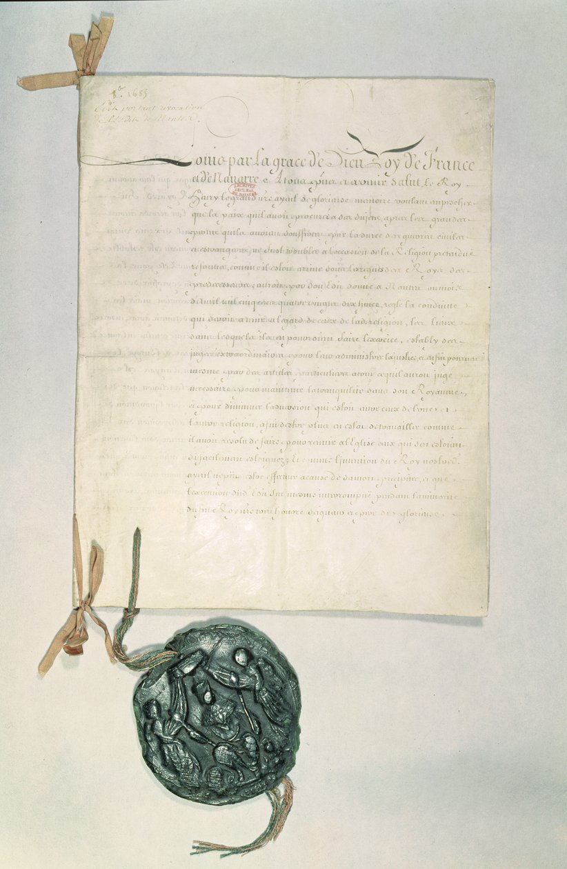 O Edito de Fontainebleau, 18 de outubro de 1685 (caneta e tinta sobre papel) de French School