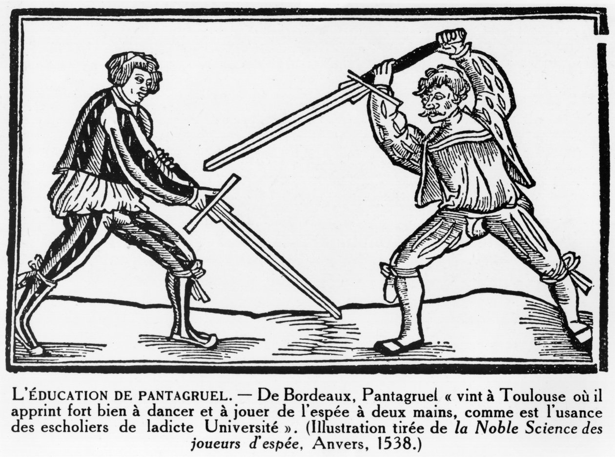 A educação de Pantagruel, ilustração de "Pantagruel" por François Rabelais (1494-1553) reprodução de uma edição de 1538 (xylograph) de French School
