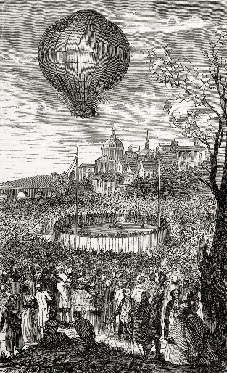 A Primeira Viagem Aérea, Paris, 21 de outubro de 1783, de "Wonderful Baloon Ascents ou the Conquest of the Skies", de Fulgence Marion, publicado em c.1870 de French School