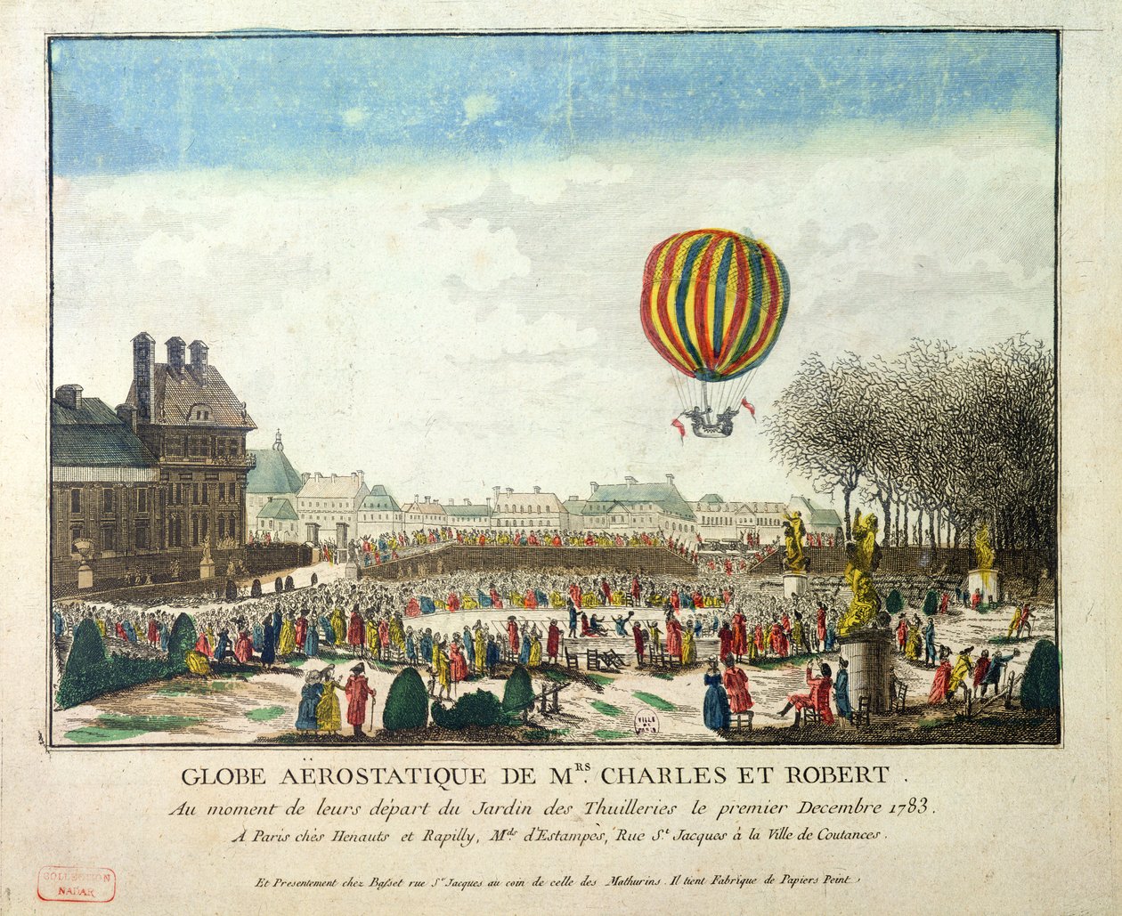 O vôo de Jacques Charles (1746-1823) e Nicholas Robert (1761-1828) do Jardin des Tuileries, 1º de dezembro de 1783 de French School