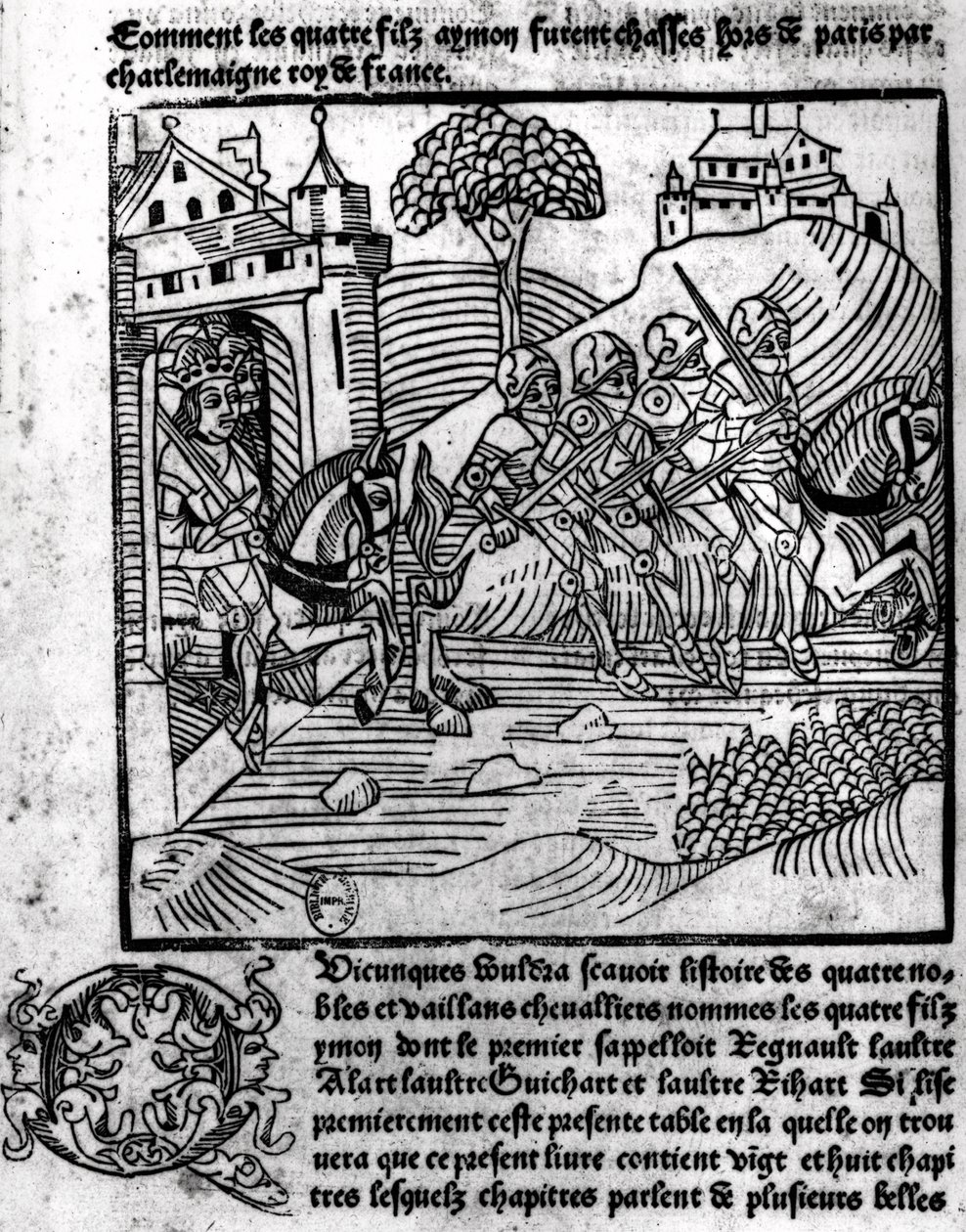 Os Quatro Filhos de Aymon são expulsos por Carlos Magno (742-814), rei da França, de &39;Renaud&39; ou &39;Les Quatre Fils Aymon&39;, c.1483 (xilogravura) de French School