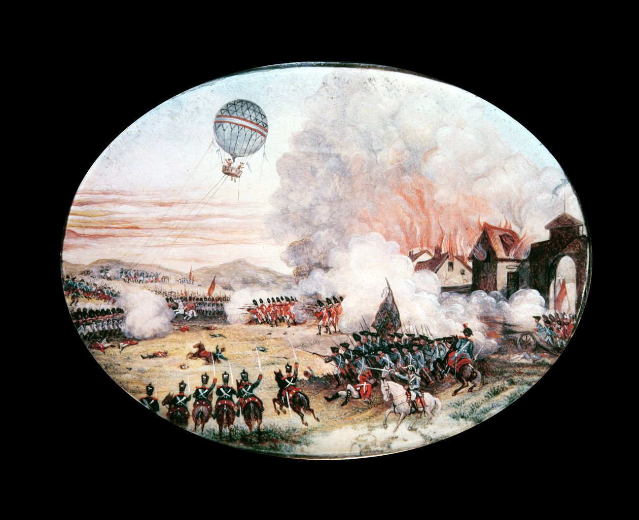 O balão de observação francês &39;L&39;Entreprenant&39; pairando acima da Batalha de Fleurus, 1794 (guache no cartão) de French School